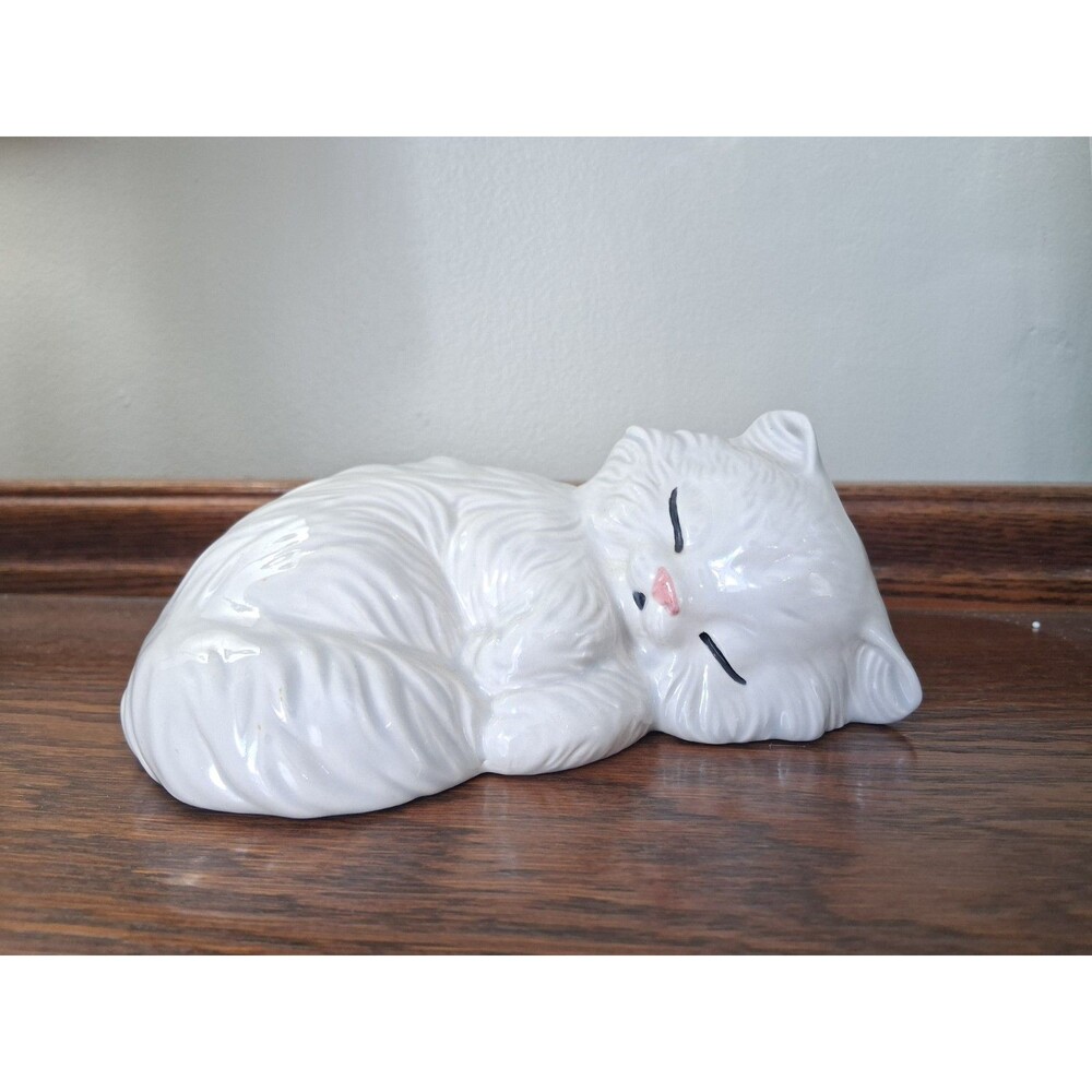 Vintage Glossy White Ceramic Sleeping Kitty Figurine with Adorable Pink Nose